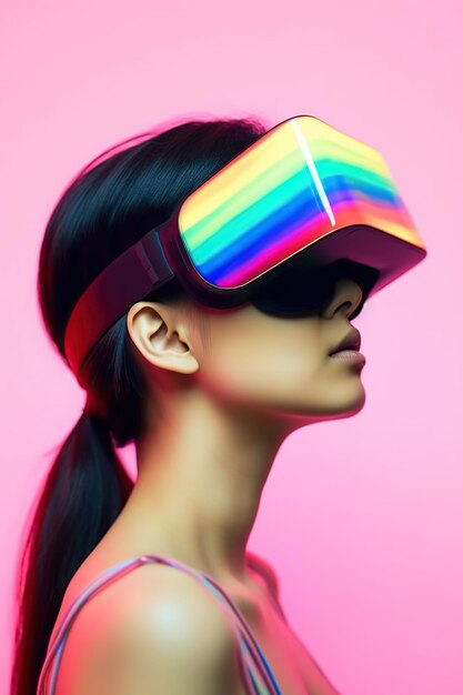 Ilustración de un retrato de moda con un casco de realidad virtual VR creado como una obra de arte generativa utilizando IA