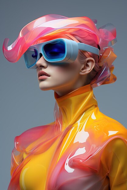 Ilustración de un retrato de moda con un casco de realidad virtual VR creado como una obra de arte generativa utilizando IA