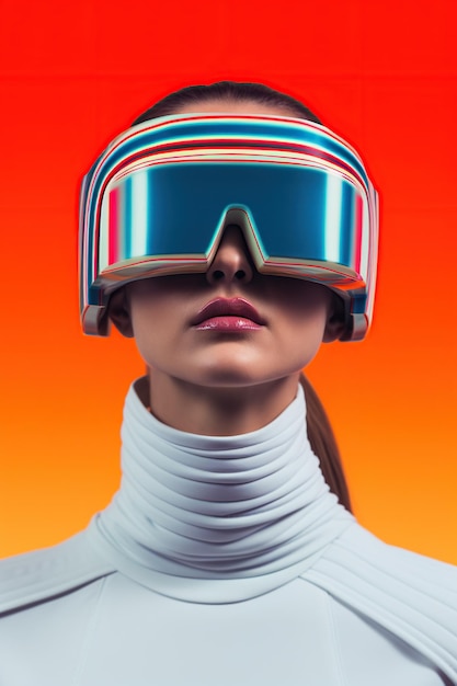 Ilustración de un retrato de moda con un casco de realidad virtual VR creado como una obra de arte generativa utilizando IA