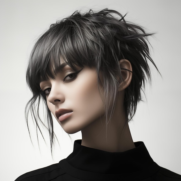 Ilustración de un retrato de moda con corte de pelo creado como obra de arte generativa utilizando IA