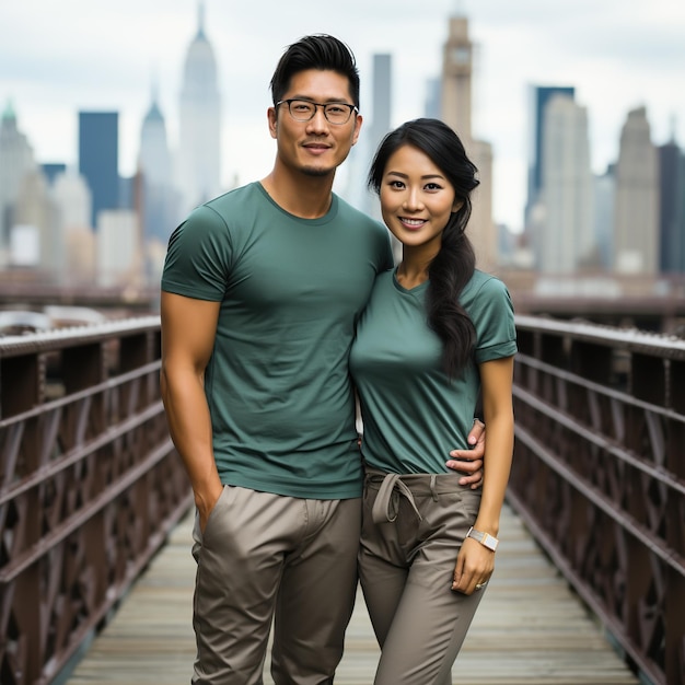 Ilustración de un retrato de moda de una pareja con una maqueta de camiseta sencilla generada por IA
