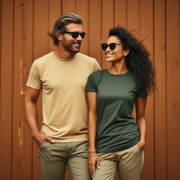 Ilustración de un retrato de moda de una pareja con una maqueta de camiseta sencilla generada por IA