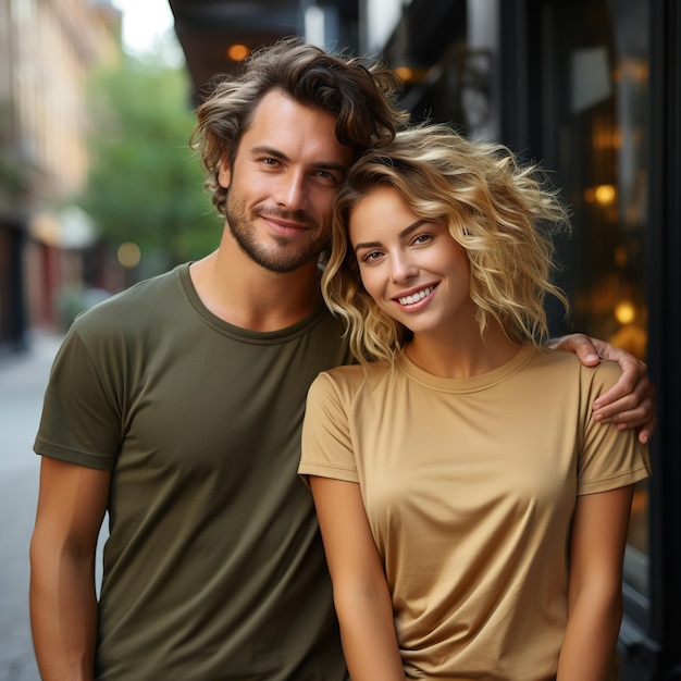 Ilustración de un retrato de moda de una pareja con una maqueta de camiseta sencilla generada por IA