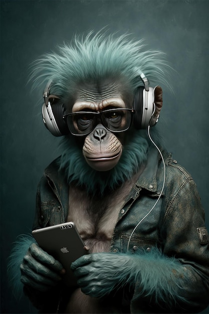 Ilustración de retrato de mono con auriculares y teléfonos móviles Generative Ai