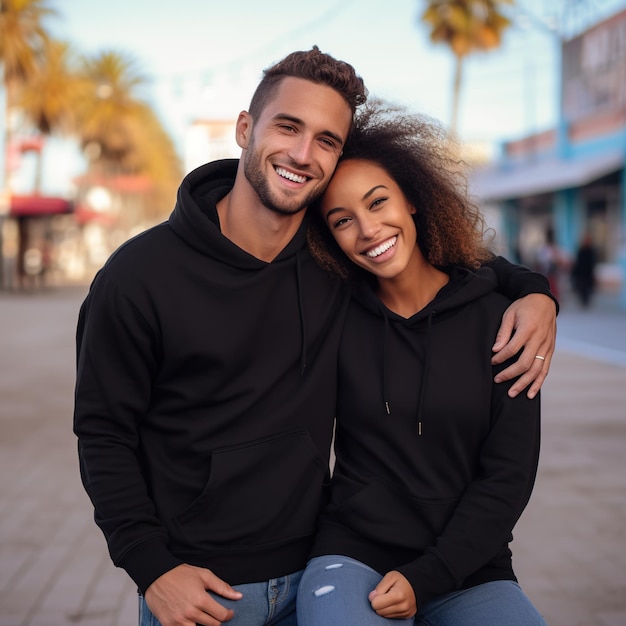 Ilustración de un retrato de pareja de moda con una maqueta de sudadera con capucha simple creada como una obra de arte generativa usando IA