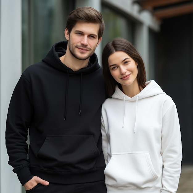Ilustración de un retrato de pareja de moda con una maqueta de sudadera con capucha simple creada como una obra de arte generativa usando IA