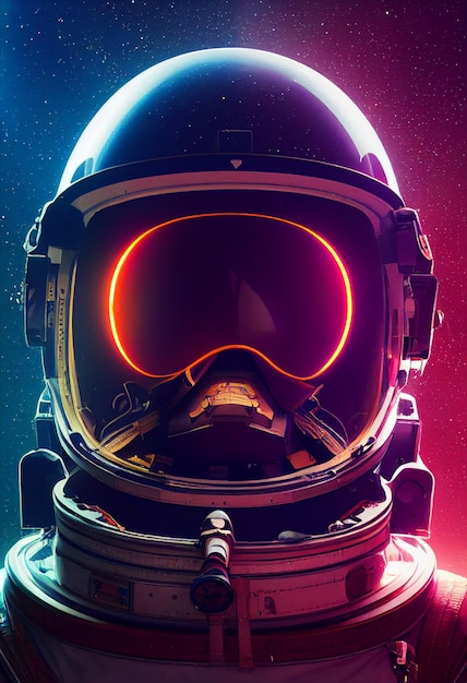 Ilustración de retrato de película épica cinemática de un astronauta con flores dentro del casco Exploración conceptual de galaxias Hombre del futuro videojuego o película Arte generado por computadora de red neuronal AI