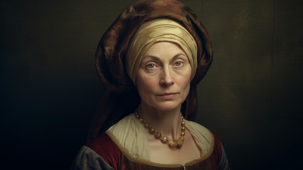 Foto ilustración retro de una anciana blanca fotorrealista con cabello liso y marrón