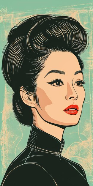 Ilustración retro de los años 60 de una mujer asiática en colores vibrantes