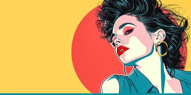 Ilustración retro de los años 80 de una mujer en colores vibrantes con espacio para texto