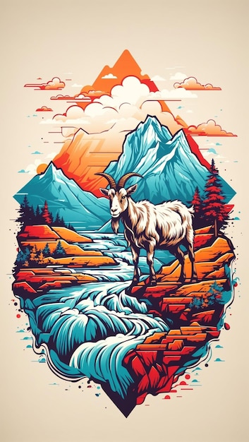 Ilustración retro detallada logotipo de cabra montés con montaña en el fondo