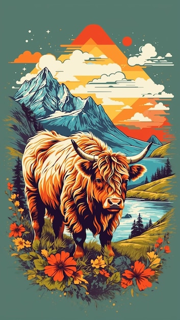 Ilustración retro detallada del logotipo de la vaca de las tierras altas con la montaña en el fondo