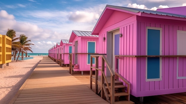 Ilustración retro de la IA generativa de Miami Summer Vibes Edificios de colores rosa y azul vintage