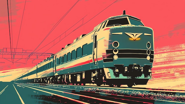 Ilustración retro de un tren de alta velocidad en movimiento El tren es azul y blanco con una franja roja a lo largo de su lado