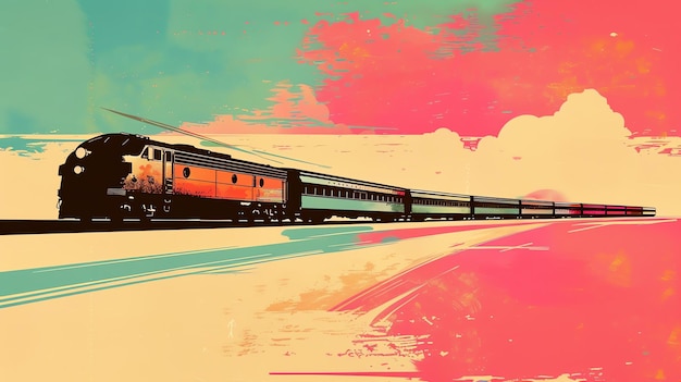 Foto ilustración retro de un tren de pasajeros aerodinámico en un paisaje plano con un cielo rosado