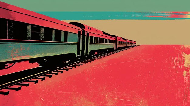 Foto ilustración retro de un tren rojo y verde viajando a través de un paisaje desértico con un cielo azul