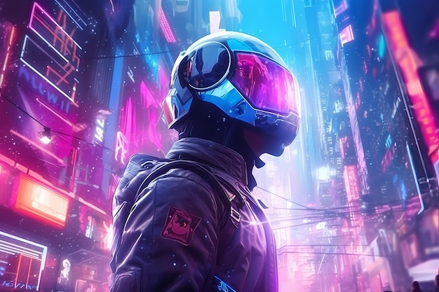 Ilustración retrofuturista de astronauta en ciudad ciberpunk con luces de neón futuristas Astronauta de noche azul violeta rosa neón Generativo ai Arte de ilustración