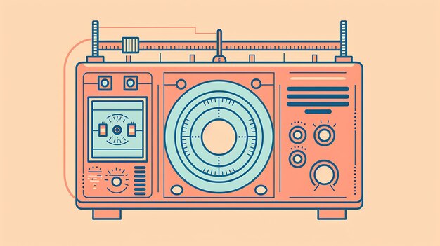 Foto una ilustración retrostilizada de una radio con un gran dial de afinación en el centro la radio es rosada y azul y tiene un diseño simple