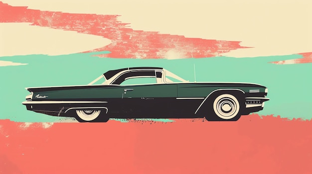 Una ilustración retrostyled de un coche clásico de la década de 1950 con un fondo rosa y azul