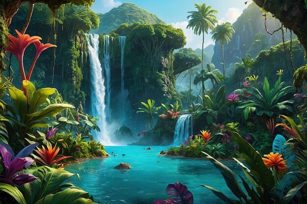 Ilustración de un río con cascada en un entorno natural de la selva