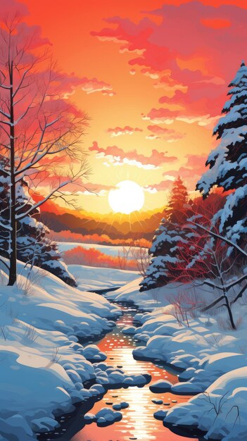 una ilustración de un río nevado al atardecer