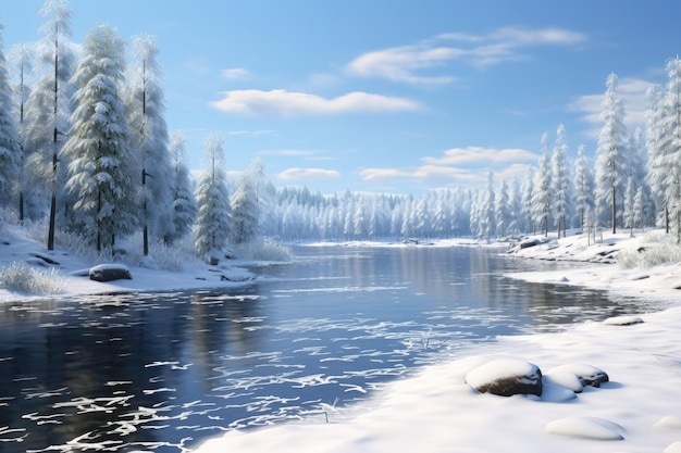 Foto una ilustración de un río nevado rodeado de árboles