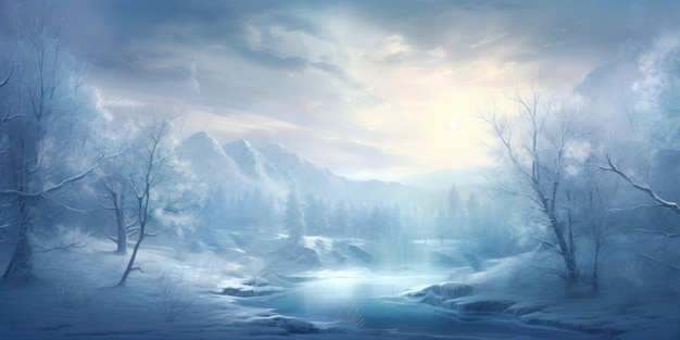 una ilustración de un río en un paisaje nevado