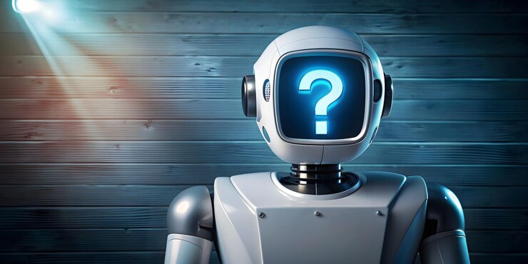 Foto ilustración de robot futurista con una pantalla de signo de interrogación que explora la intersección de la ia