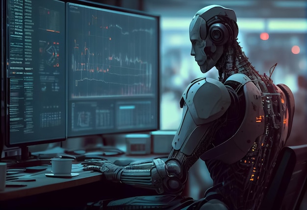 Ilustración de un robot humano como trabajar en un ingeniero de centro de datos que analiza y controla la IA