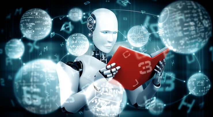 Foto ilustración de un robot humanoide leyendo un libro y resolviendo matemáticas
