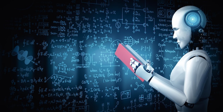 Foto ilustración de un robot humanoide leyendo un libro y resolviendo matemáticas