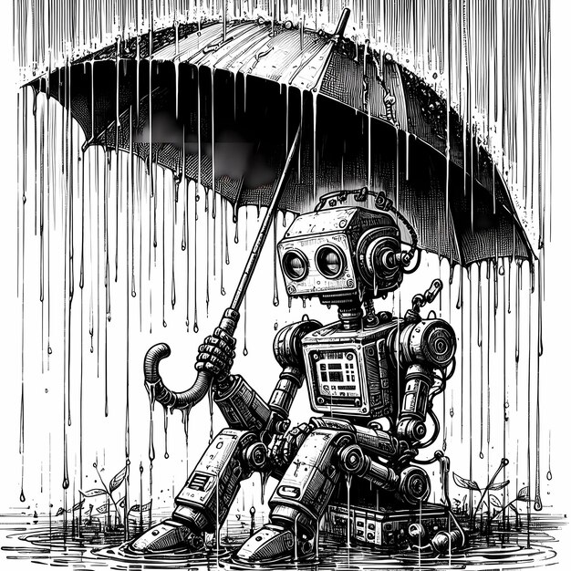 Ilustración robot bajo la lluvia