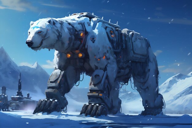 Ilustración de un robot oso polar en la nieve creada utilizando herramientas de IA generativa