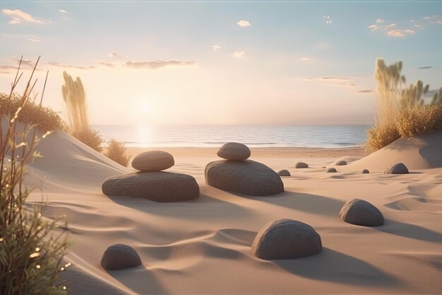 Foto ilustración de rocas que descansan en una playa de arena con olas del mar de fondo ia generativa