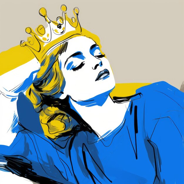 Foto ilustración romántica de arte pop de una dama coronada sobre un fondo azul