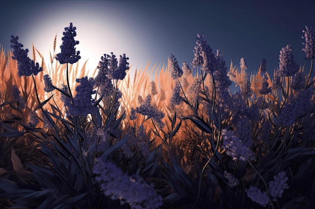 Ilustración romántica de flores de lavanda en un campo de lavanda IA generativa