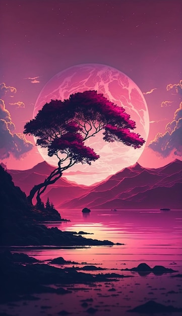 ilustración rosa puesta de sol en el mar