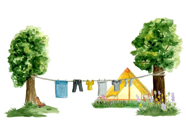 Ilustración rústica en acuarela secando ropa composición de tienda amarilla aislada en blanco