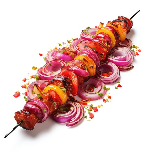Ilustración saboroso y delicioso kebab con cebolla y pimentón en escenario blanco