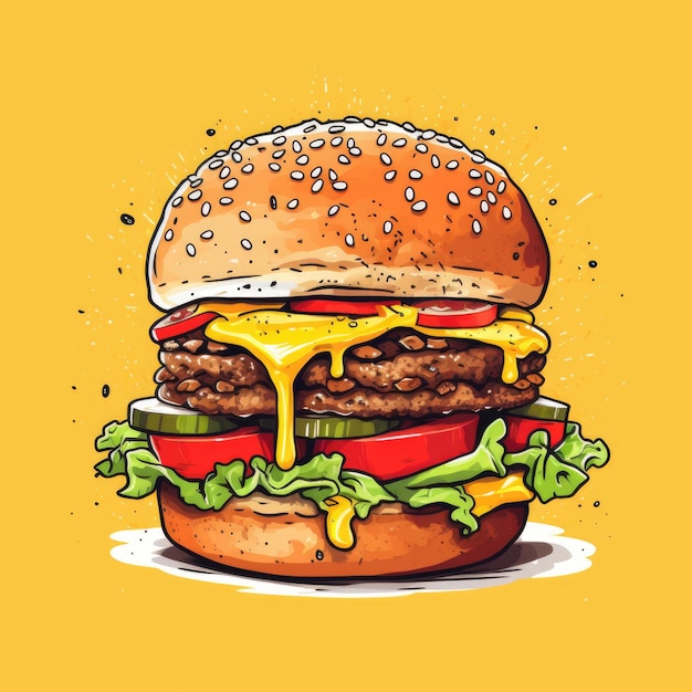 Ilustración de una sabrosa y deliciosa hamburguesa con queso en un fondo brillante