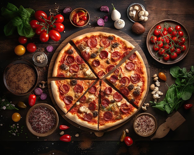 Ilustración de sabrosa pizza casera con ingredientes frescos