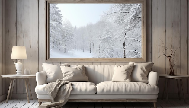 Ilustración de sala de estar escandinava calidez en un hogar confortable Invierno afuera en ventanas nórdicas