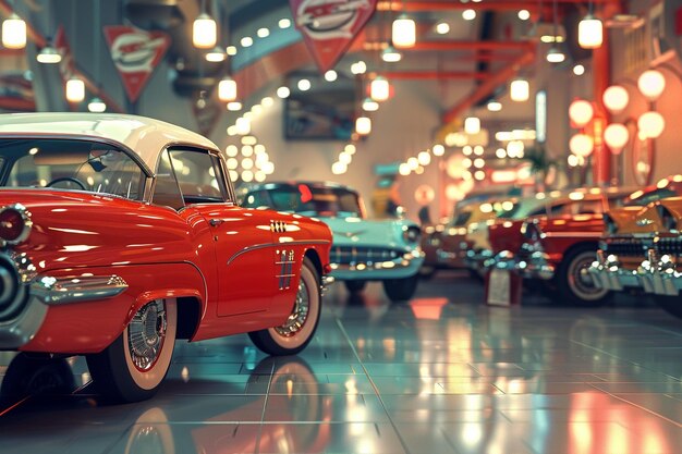 Foto ilustración de una sala de exhibición de un concesionario de automóviles retro