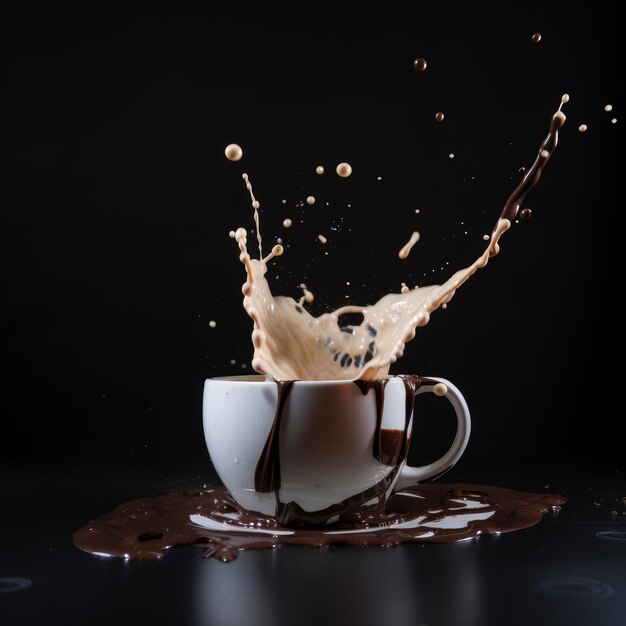 Ilustración de salpicaduras de chocolate caliente en una taza aislada sobre fondo negro