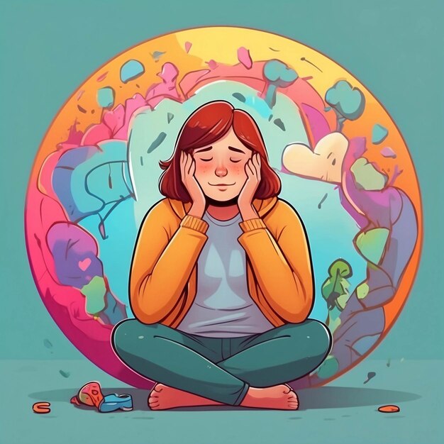 Foto ilustración de salud mental meditación paz interior color vibrante psicología dibujos animados