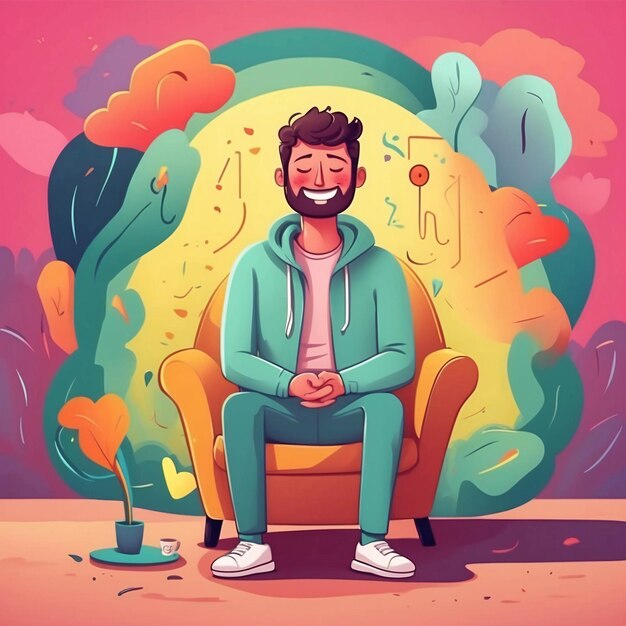 Foto ilustración de salud mental meditación paz interior color vibrante psicología dibujos animados