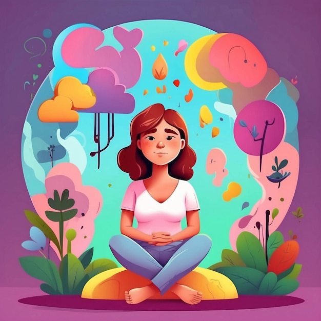 Foto ilustración de salud mental meditación paz interior color vibrante psicología dibujos animados