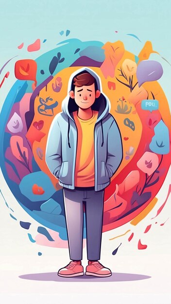 Ilustración de salud mental meditación paz interior color vibrante psicología dibujos animados