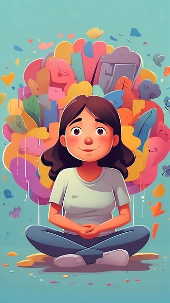 Ilustración de salud mental meditación paz interior color vibrante psicología dibujos animados