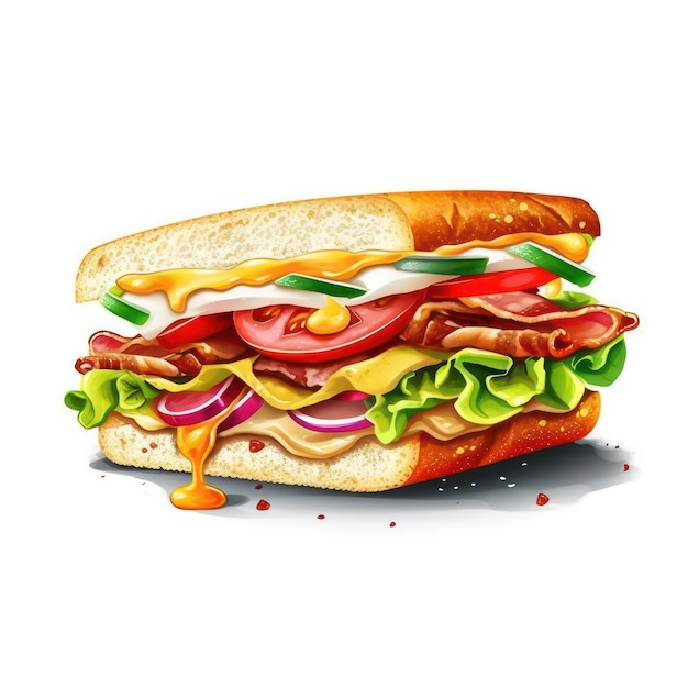 Una ilustración de un sándwich saludable puesto en un plato blanco de fondo blanco.